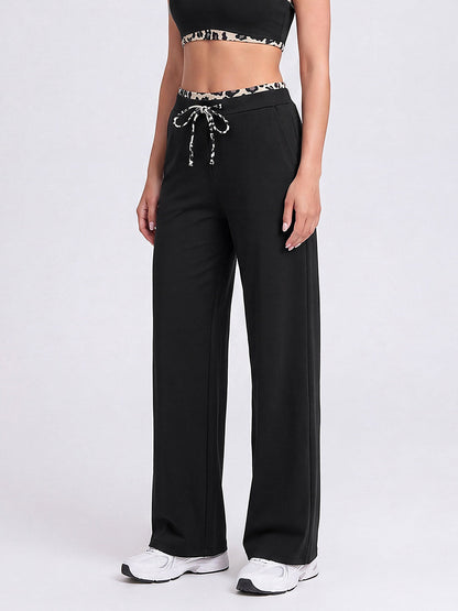 Women's Wide Leg Drawstring Lounge Pants with Leopard Trim