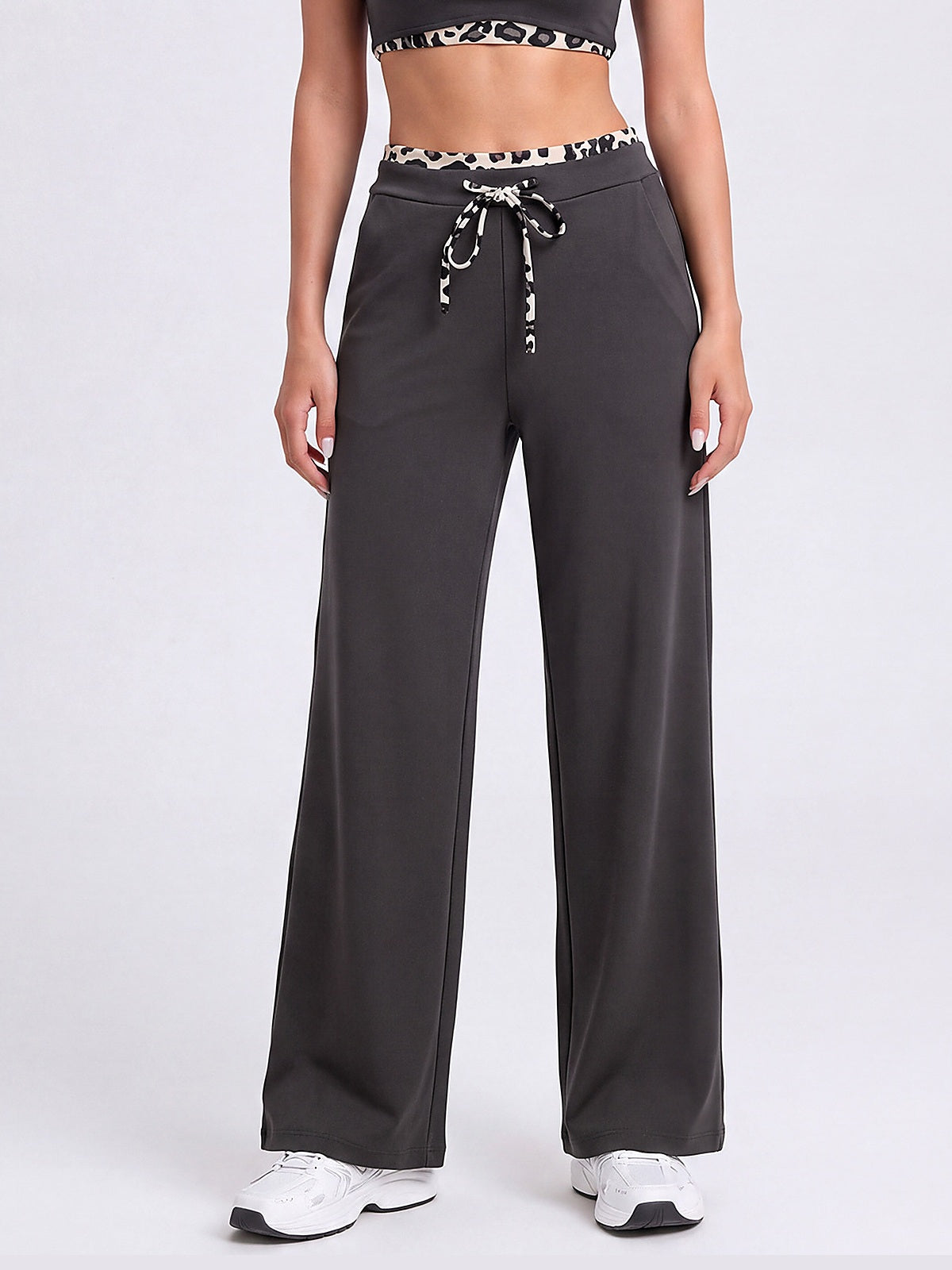 Women's Wide Leg Drawstring Lounge Pants with Leopard Trim