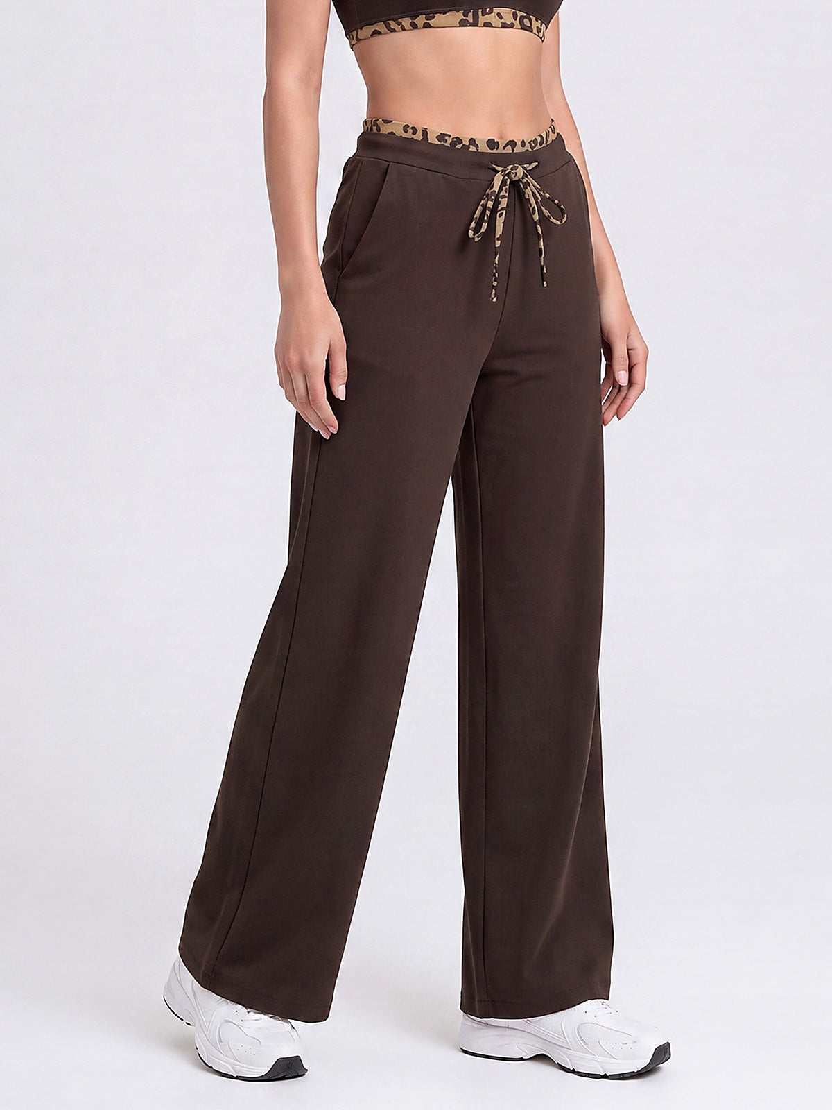 Women's Wide Leg Drawstring Lounge Pants with Leopard Trim