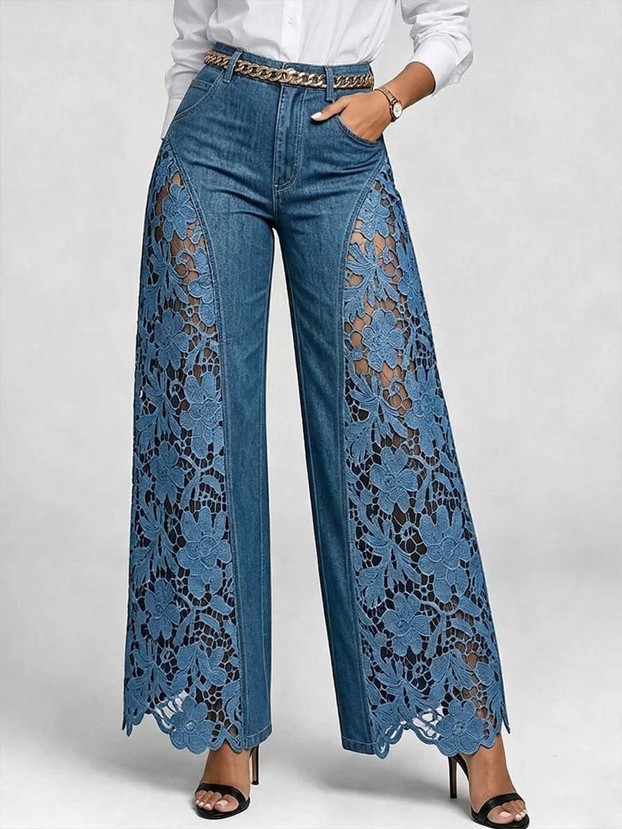 High-Waist Wide-Leg Denim Pants with Lace Panels