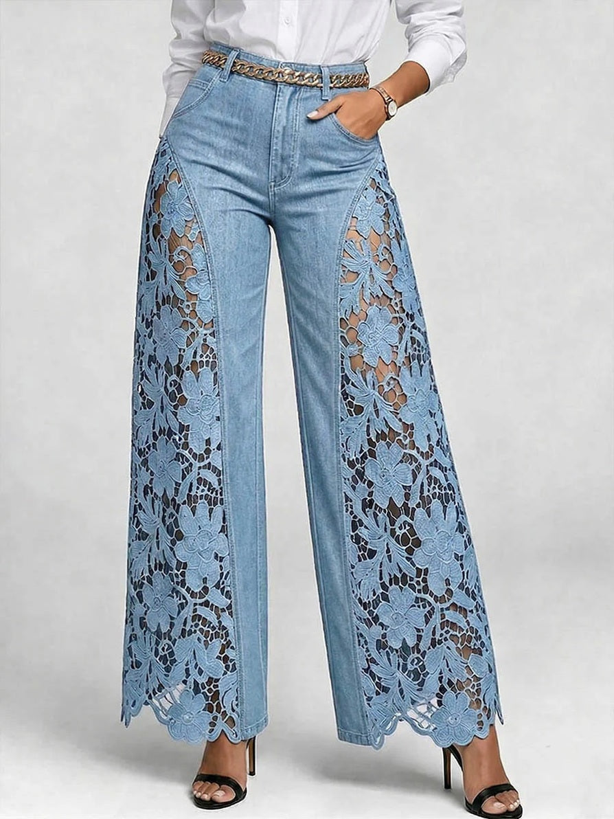 High-Waist Wide-Leg Denim Pants with Lace Panels