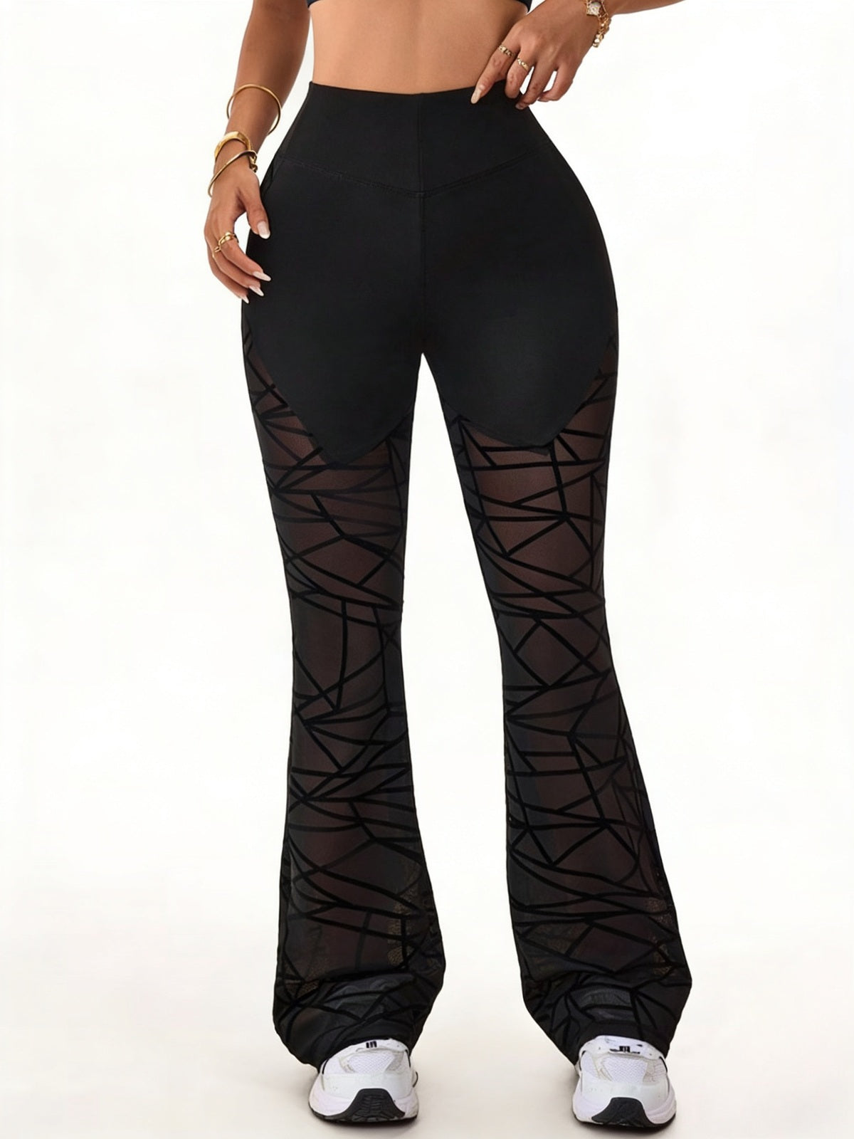 Women's High-Waist Flared Pants with Sheer Geometric Mesh Panels
