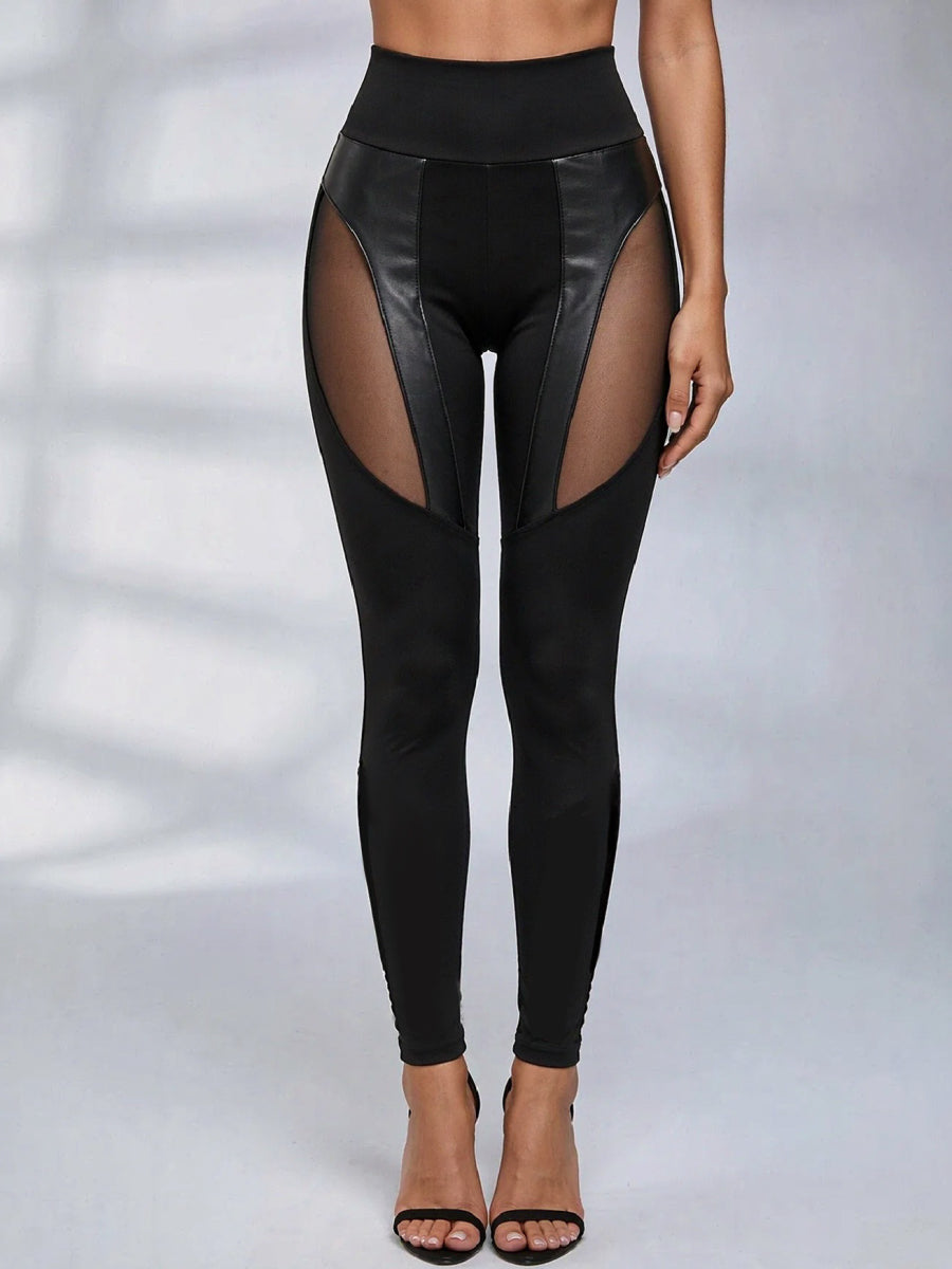 Sexy Faux Leather & Mesh Splicing High Waist Leggings