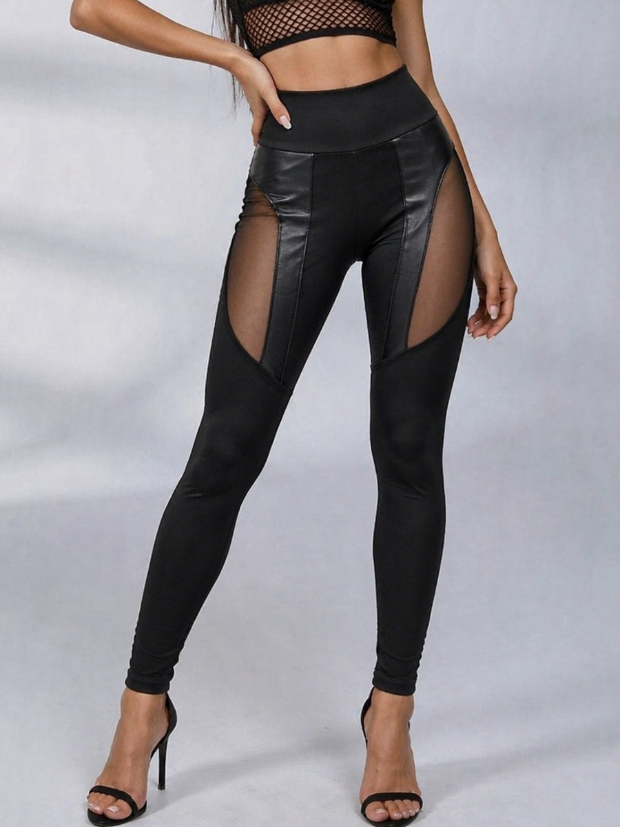 Sexy Faux Leather & Mesh Splicing High Waist Leggings