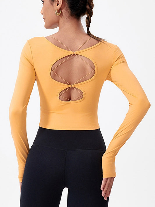 ZASUWA Hollow Out Faux Denim Cross Back Backless Yoga Long Sleeves