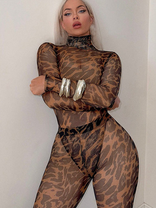 ZASUWA Female Leopard Print Mesh Jumpsuit