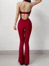 ZASUWA Female Sexy Backless Deep V Collar Flare Jumpsuit