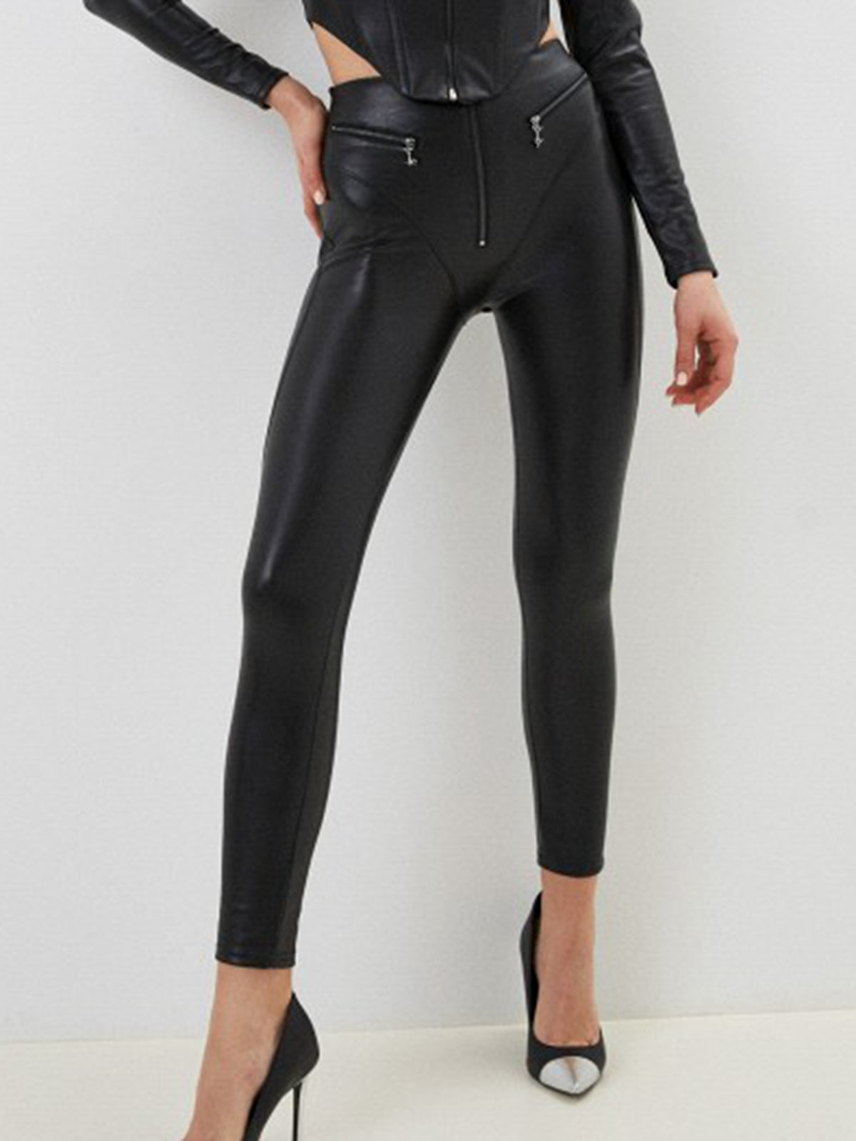 ❤Fly-eye PU Zipper Hip-lift Leggings