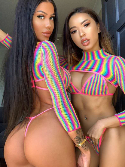 Regenbogenstreifen Sonnencreme Bikini 3-teiliges Set
