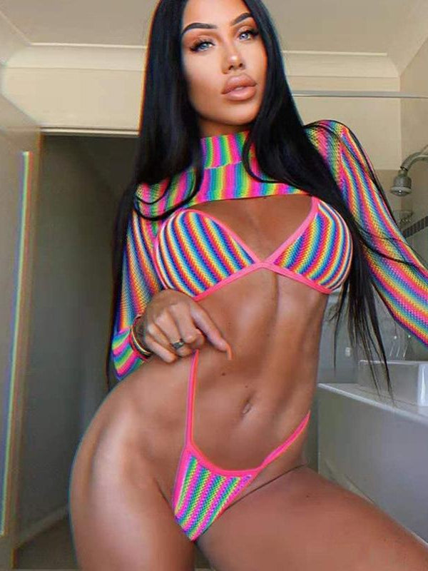Regenbogenstreifen Sonnencreme Bikini 3-teiliges Set