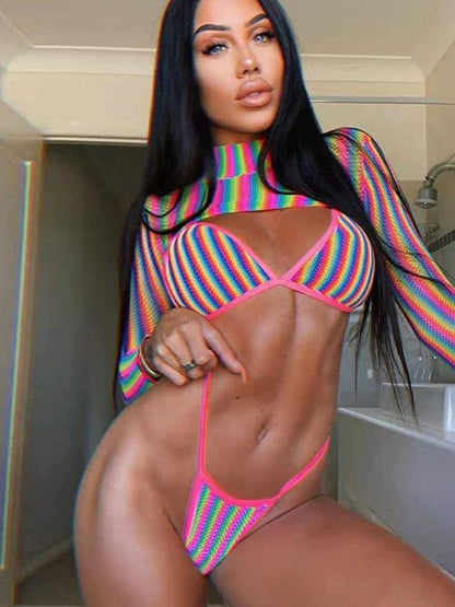 Regenbogenstreifen Sonnencreme Bikini 3-teiliges Set