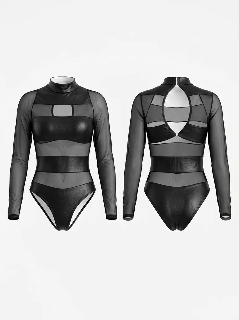 Mesh PU Faux Leather Bodysuits