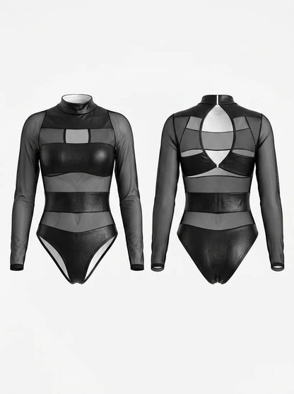 Mesh PU Faux Leather Bodysuits
