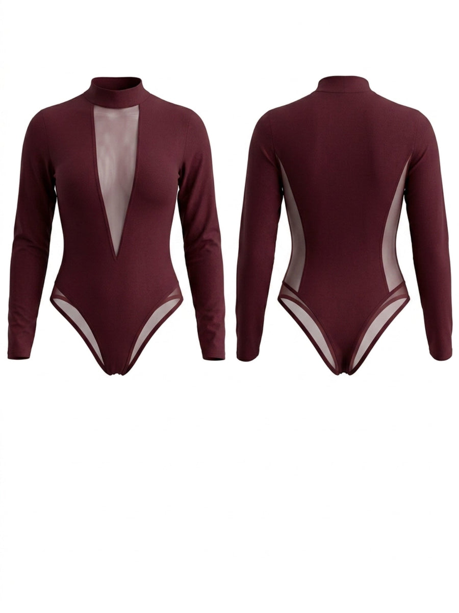 High Neck Mesh Cutout Long Sleeve Bodysuit