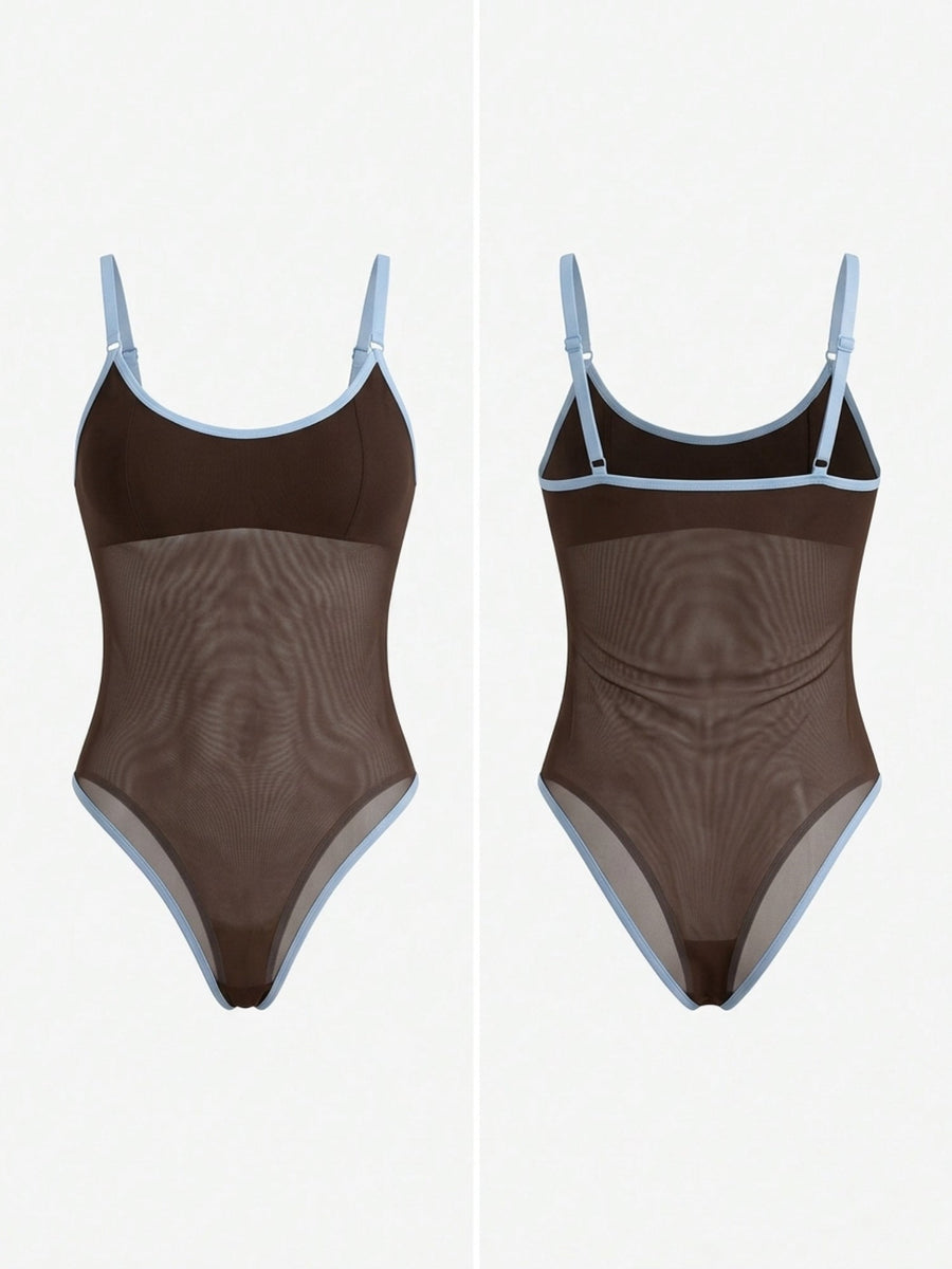 Mesh Contrast Trim Spaghetti Strap Bodysuit