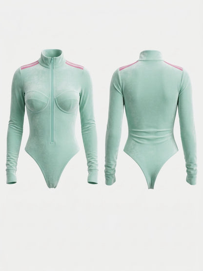 Mint Green Velour Stripe Zip Bodysuit