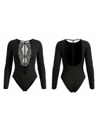 Lace Front Deep V Open Back Long Sleeve Bodysuit