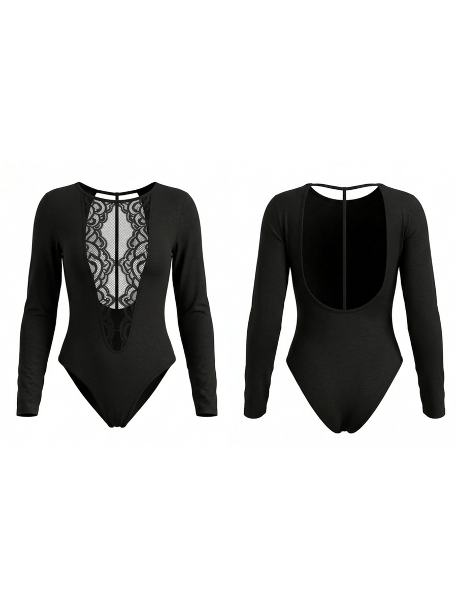 Lace Front Deep V Open Back Long Sleeve Bodysuit