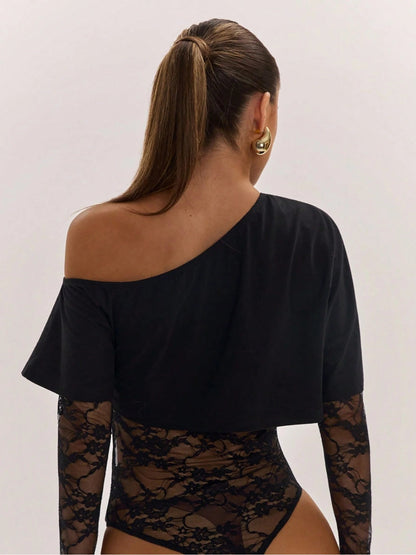 Asymmetric Off-Shoulder Lace Bodysuit