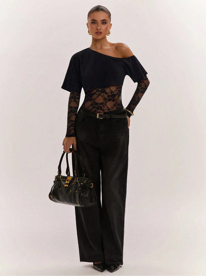 Asymmetric Off-Shoulder Lace Bodysuit