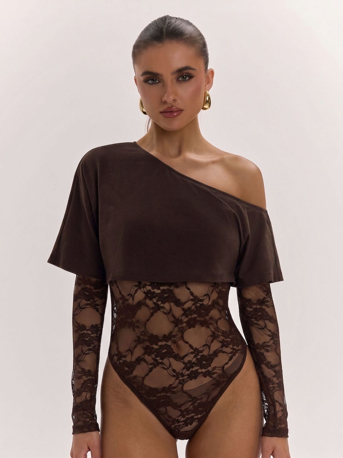 Asymmetric Off-Shoulder Lace Bodysuit