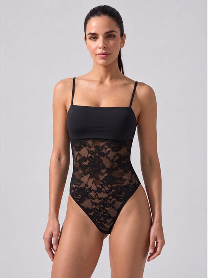 Sultry Lace Panel Spaghetti Strap Bodysuit