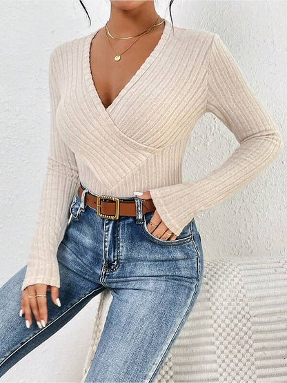 Ribbed Knit Crossover V-Neck Long Sleeve Bodysuit