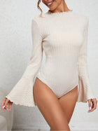 Ribbed Ruffle Mock Neck Bell Sleeve Bodysuit