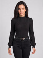 Ribbed Ruffle Mock Neck Lantern Sleeve Bodysuit
