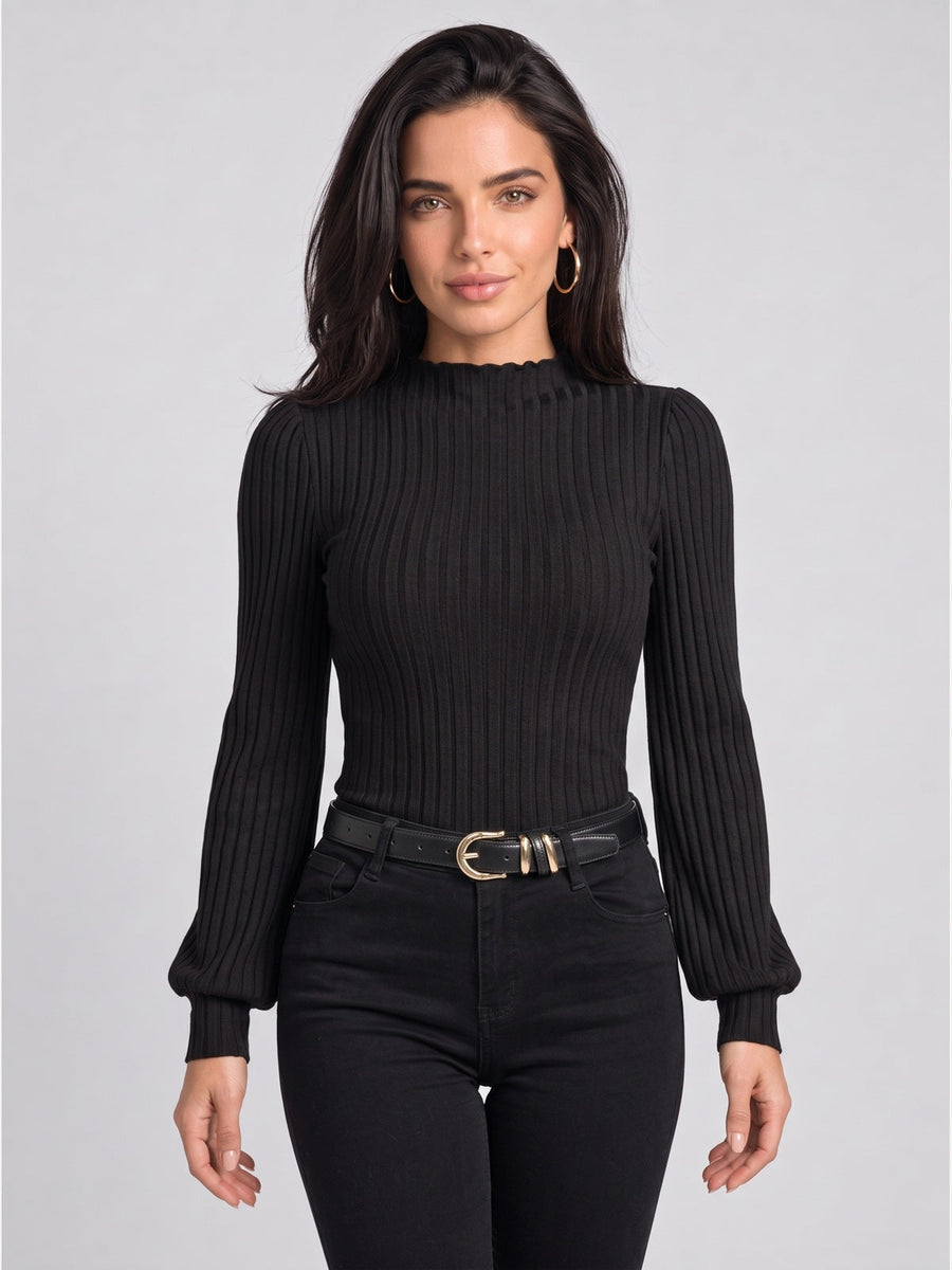Ribbed Ruffle Mock Neck Lantern Sleeve Bodysuit