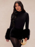 Faux Fur Cuff Mock Neck Bodysuit