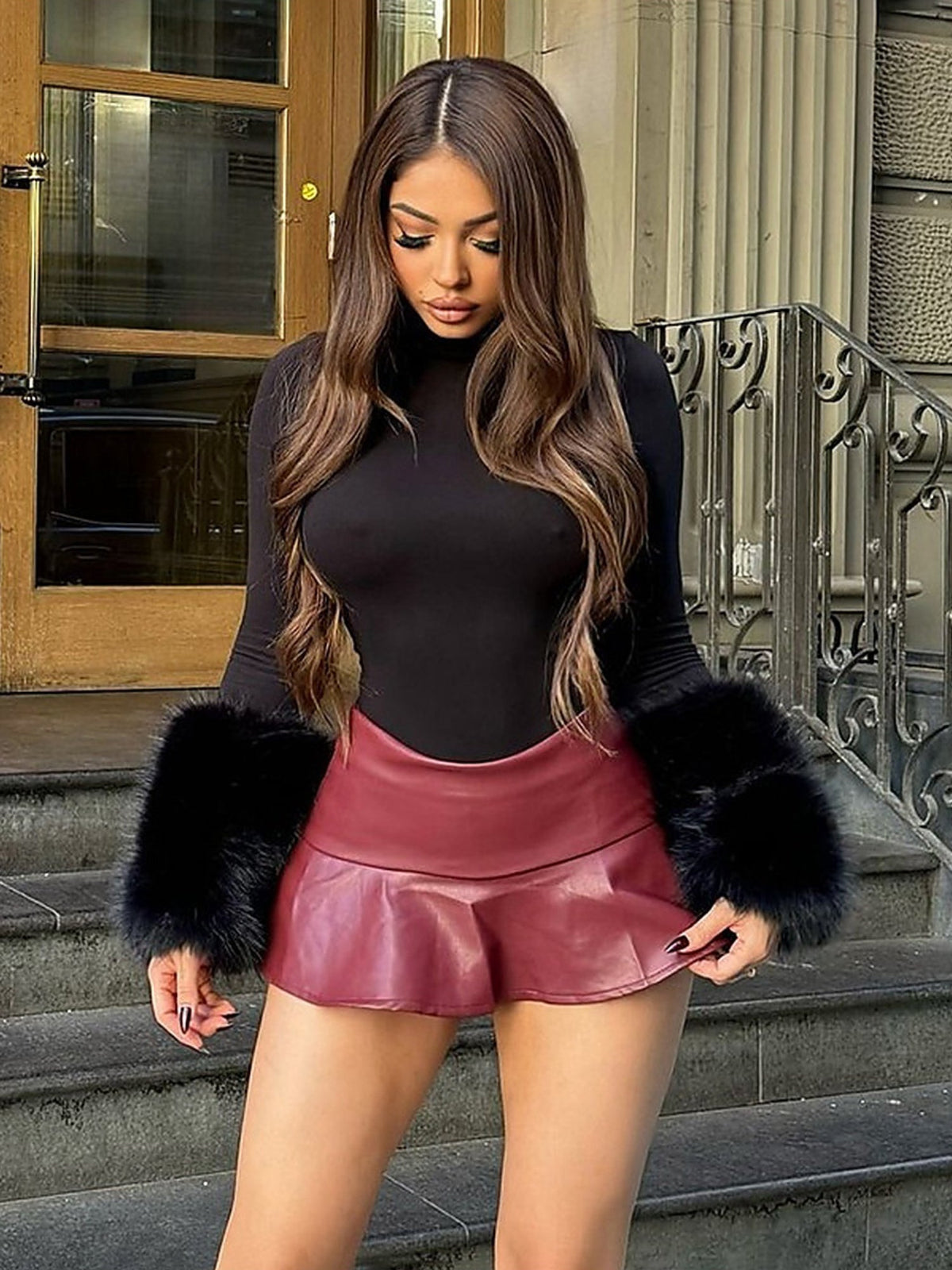 Faux Fur Cuff Mock Neck Bodysuit