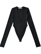 Lace Trim Deep U-Neck Cutout Long Sleeve Bodysuit