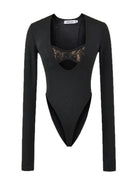Lace Trim Deep U-Neck Cutout Long Sleeve Bodysuit