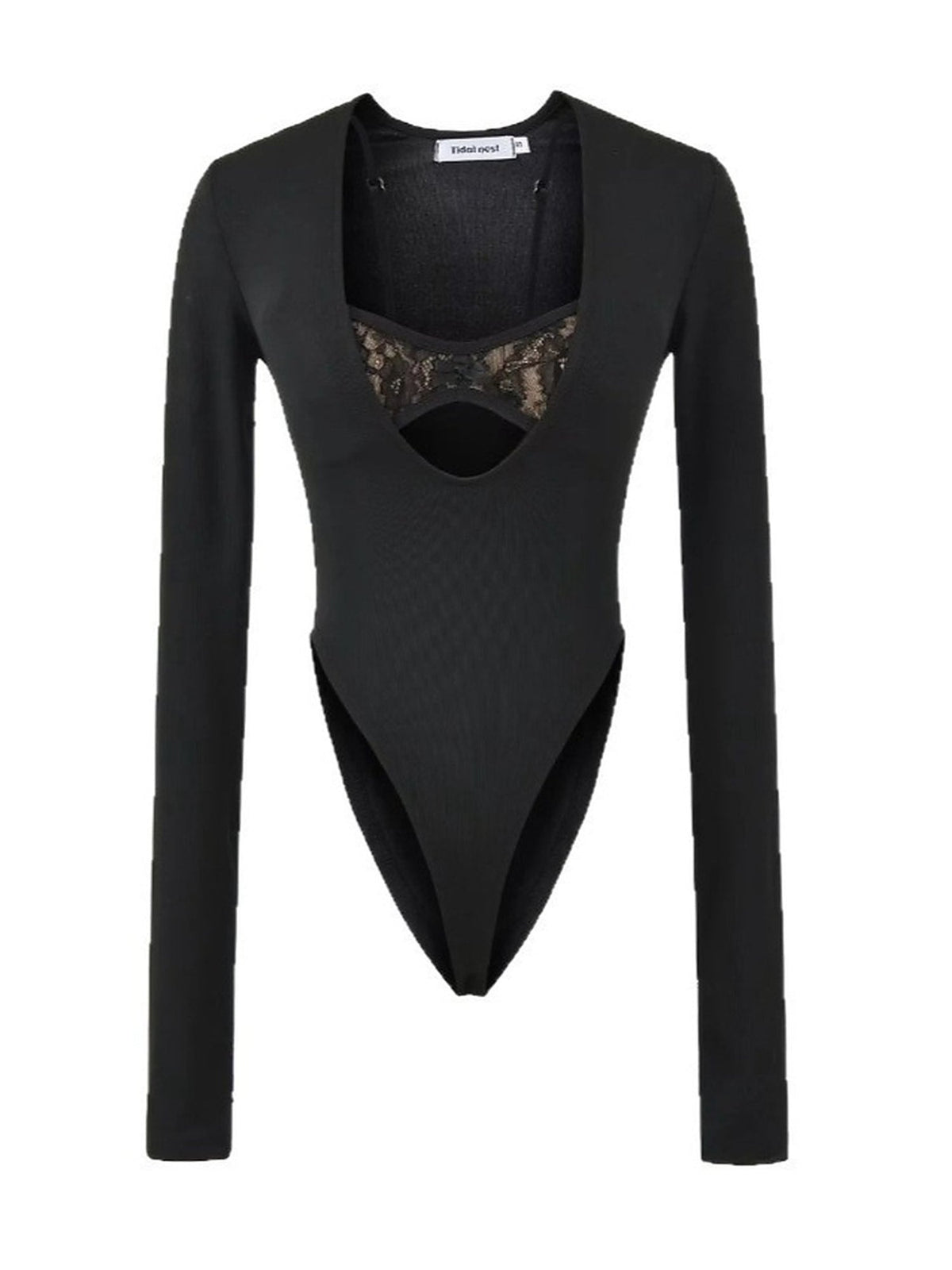 Lace Trim Deep U-Neck Cutout Long Sleeve Bodysuit