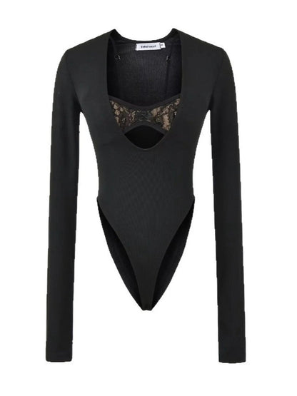 Lace Trim Deep U-Neck Cutout Long Sleeve Bodysuit