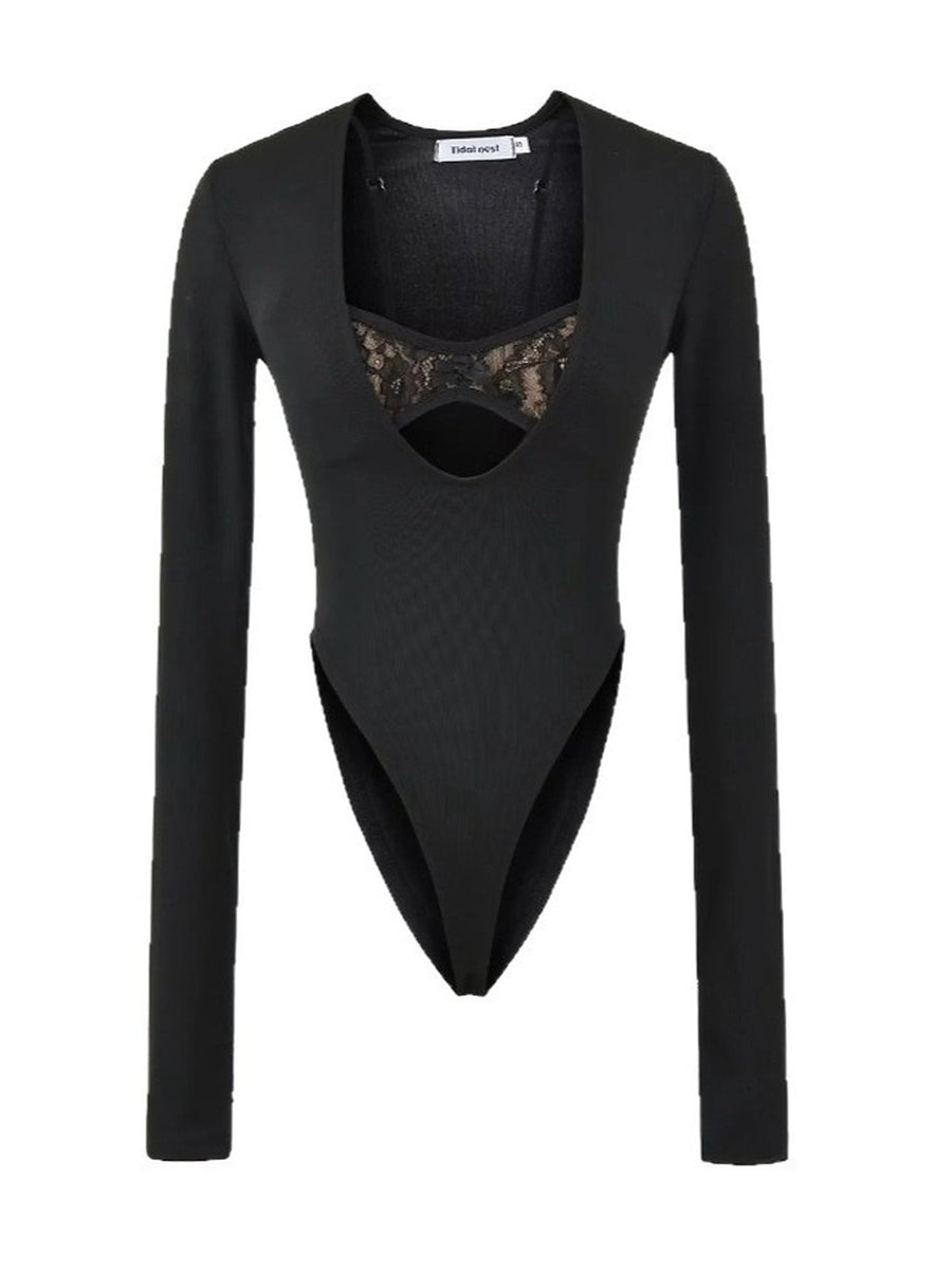 Lace Trim Deep U-Neck Cutout Long Sleeve Bodysuit