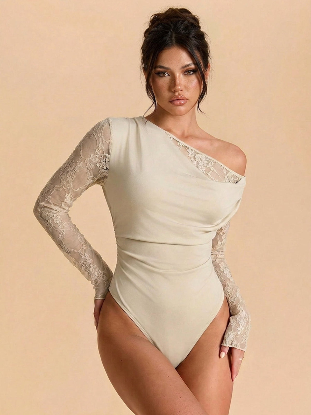Sensual Asymmetrical Cowl Neck Lace Bodysuit