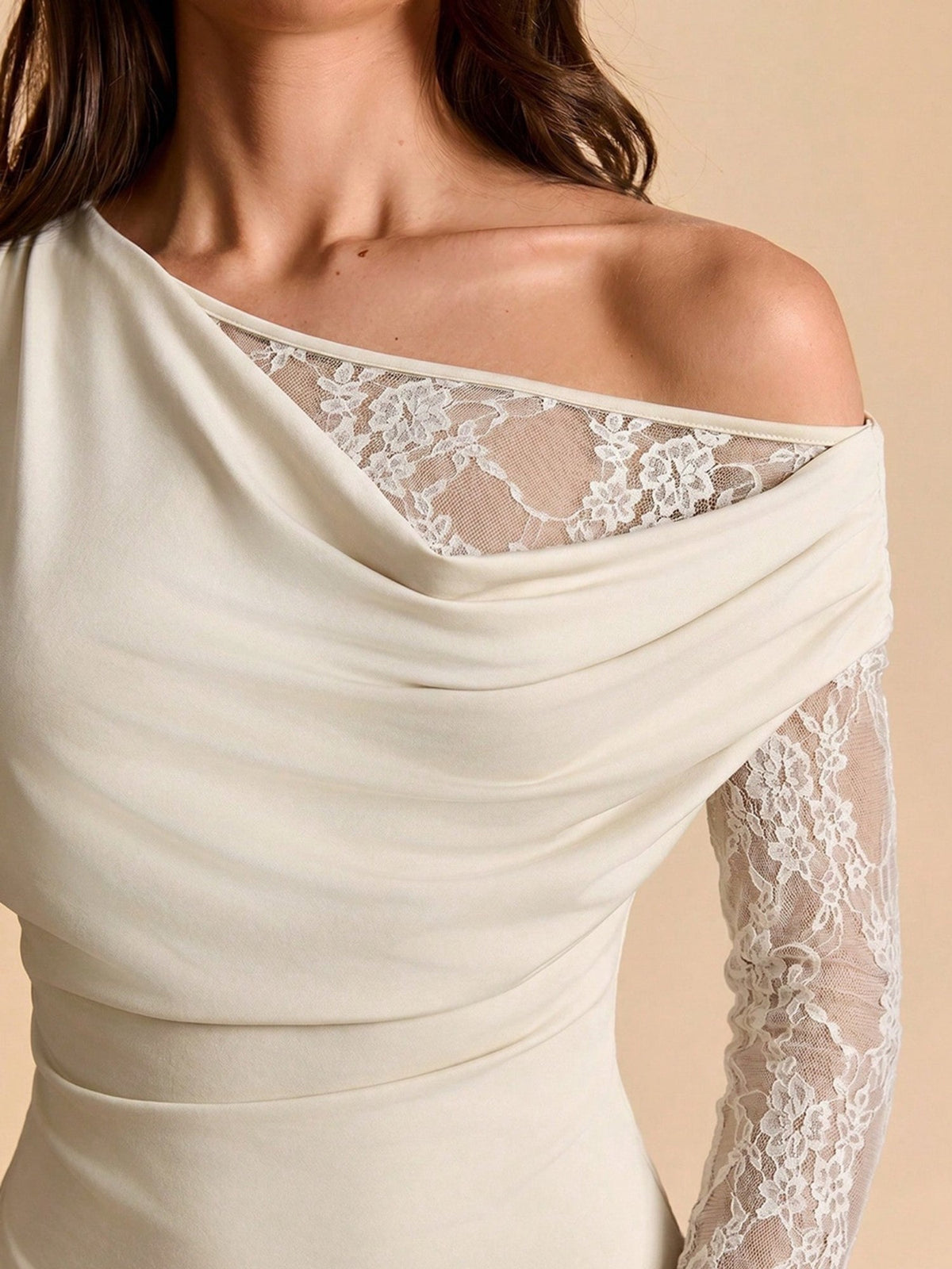 Sensual Asymmetrical Cowl Neck Lace Bodysuit