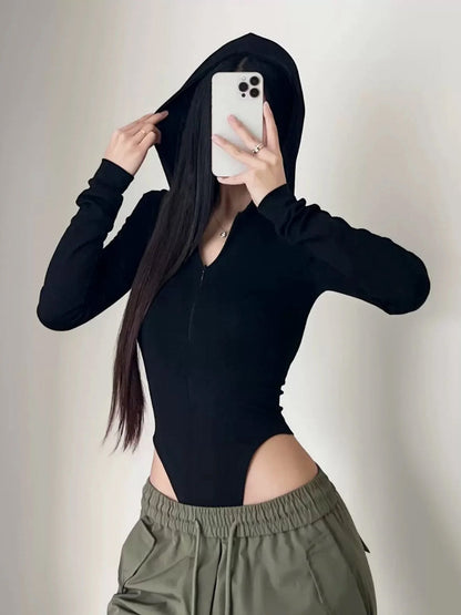 Women's Hooded Long Sleeve Half-Zip Bodysuit