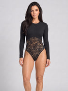 Women's Ribbed Long Sleeve Lace Panel Bodysuit