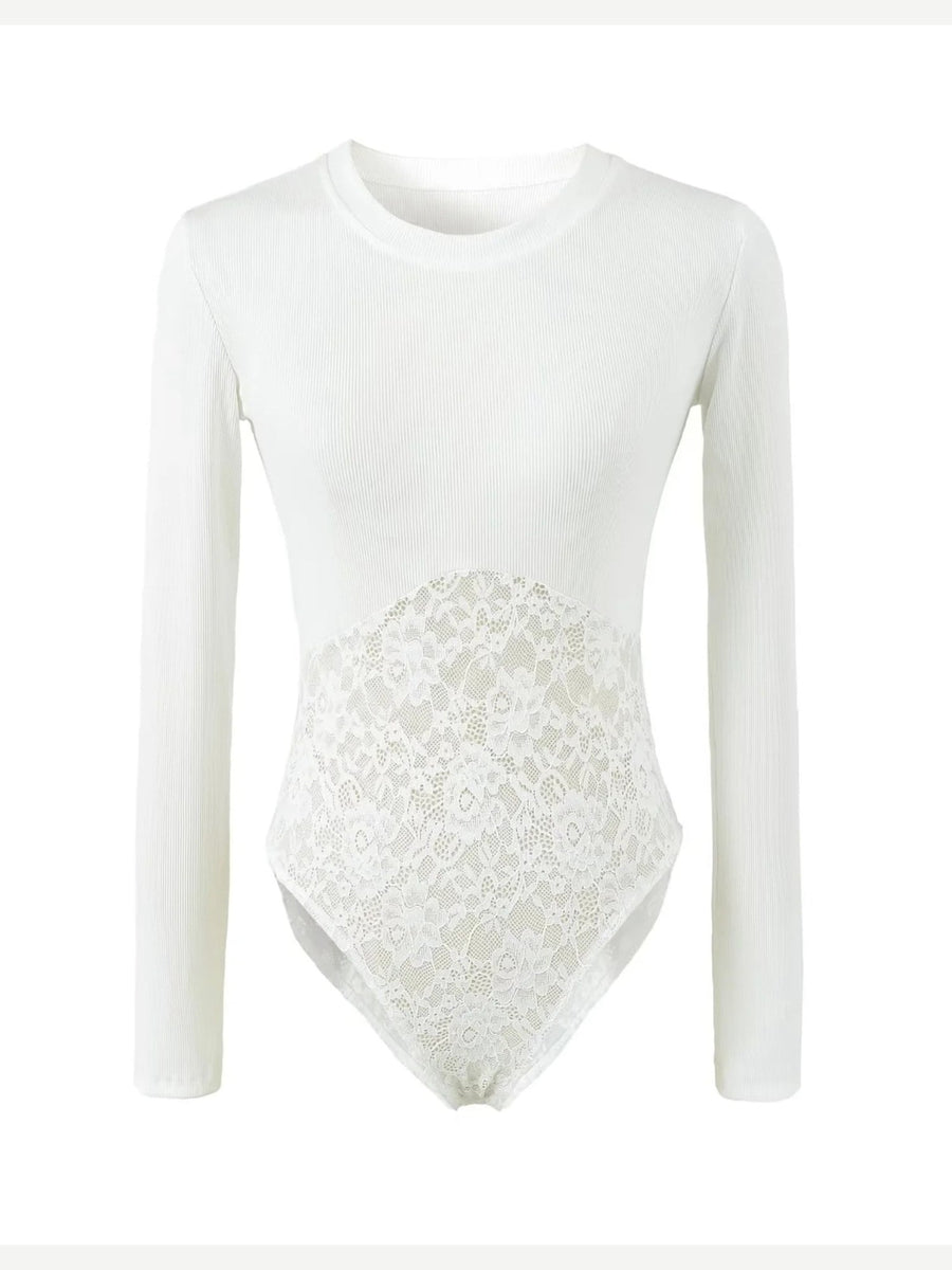 Women's Ribbed Long Sleeve Lace Panel Bodysuit