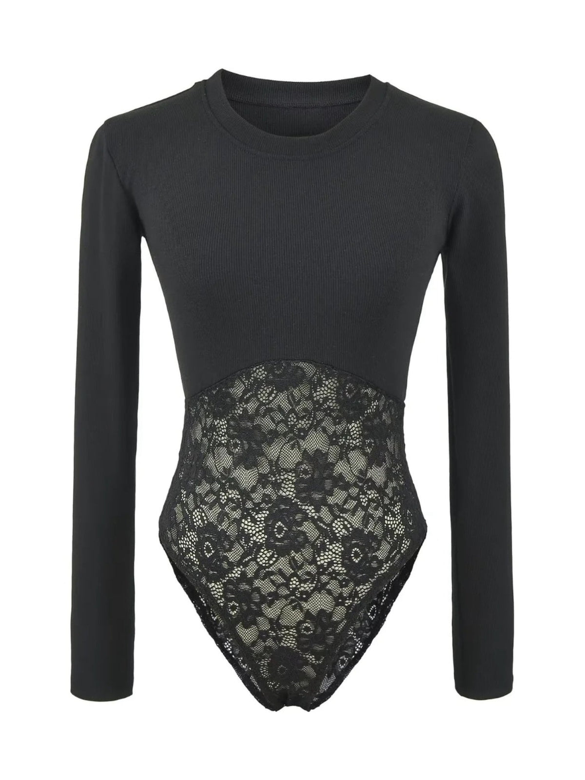 Women's Ribbed Long Sleeve Lace Panel Bodysuit