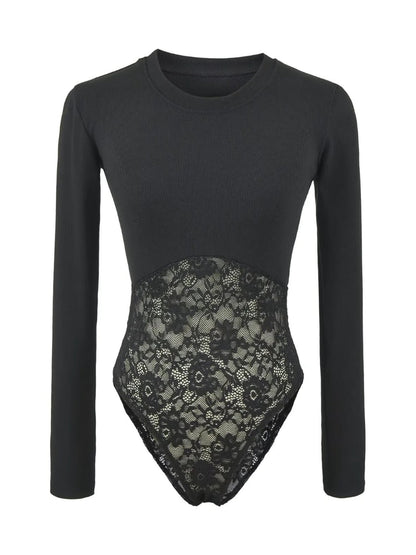 Women's Ribbed Long Sleeve Lace Panel Bodysuit