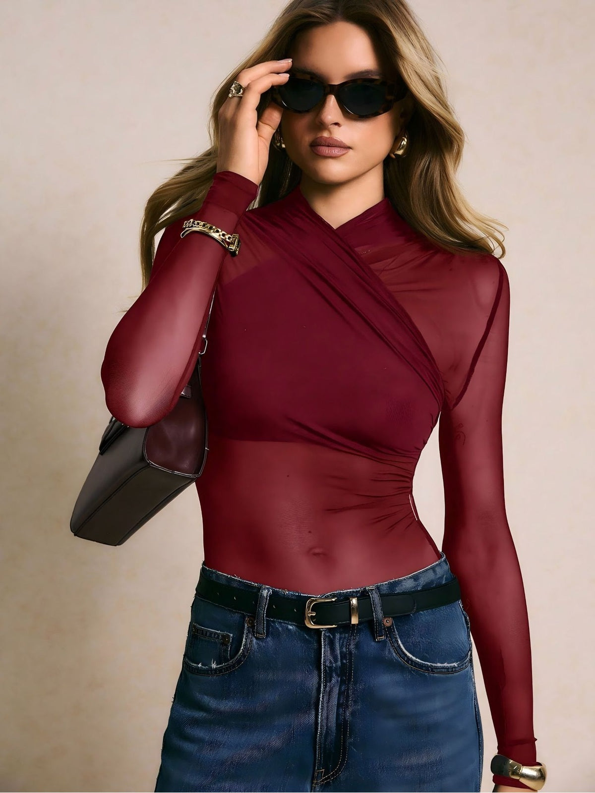 Black Sheer Mesh Crossover Long Sleeve Bodysuit