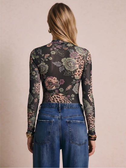 Black Sheer Mesh Crossover Long Sleeve Bodysuit
