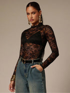 Sheer Floral Lace Mock Neck Long Sleeve Bodysuit