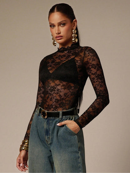 Sheer Floral Lace Mock Neck Long Sleeve Bodysuit