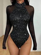 Women's Glitter Mesh Long Sleeve Mock Neck Bodysuit