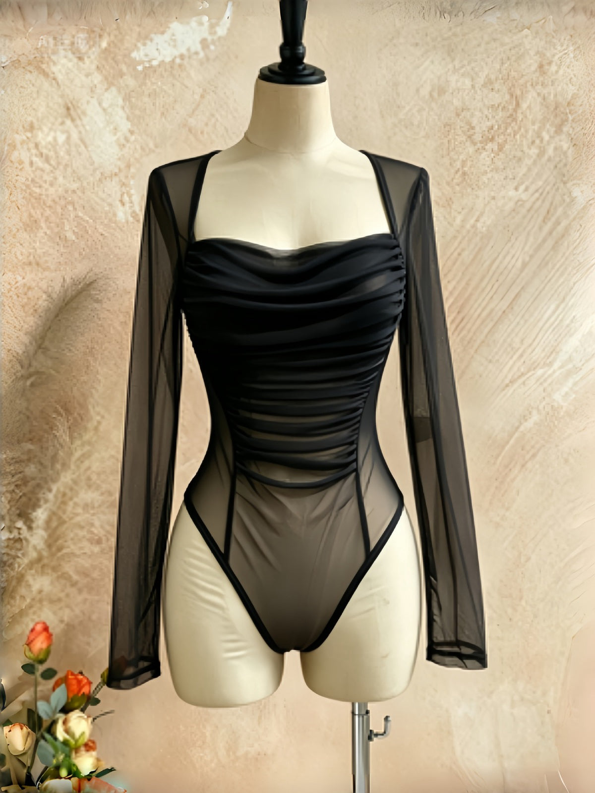 Sheer Mesh Ruched Sweetheart Bodysuit